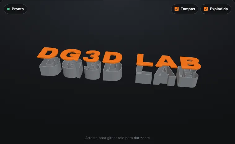 Prévia 3D do gerador de letra caixa com o texto DG3D LAB, corpo cinza e tampas laranja