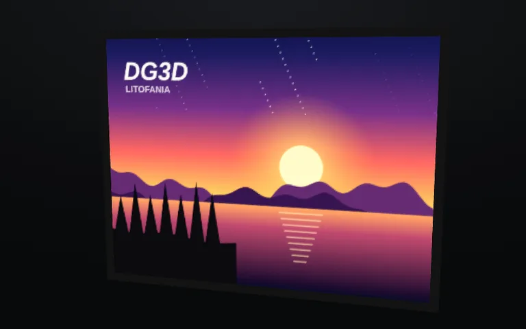 Prévia 3D de uma litofania plana com pé, acesa por trás, mostrando um pôr do sol sobre um lago