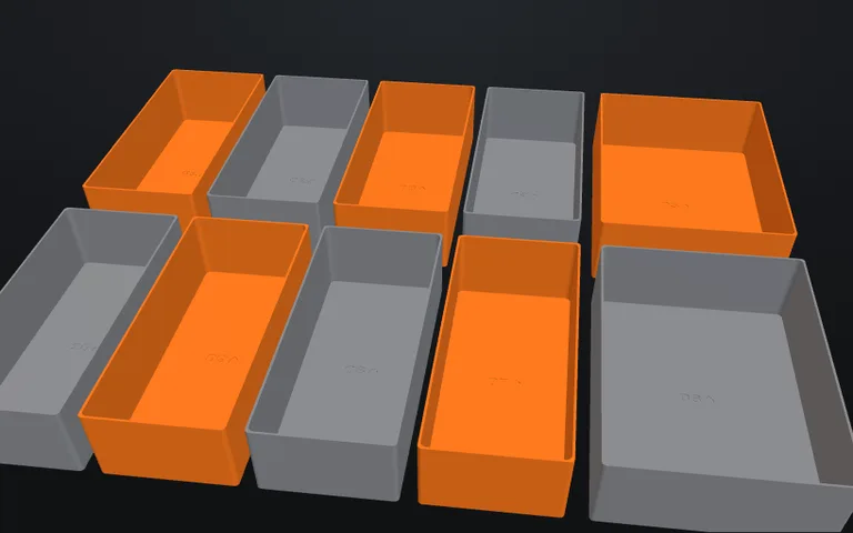 Prévia 3D de um organizador de gaveta feito de caixas separadas, em laranja e cinza