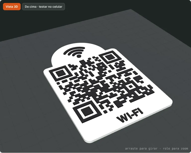 Prévia 3D de uma placa de QR Code com ícone de Wi-Fi e legenda WI-FI