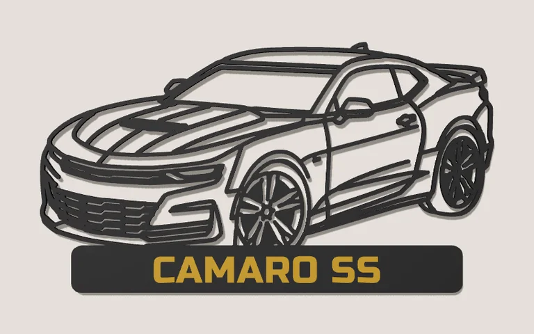 Prévia 3D de um quadro de parede em line art de um carro esportivo preto, com placa CAMARO SS em letras douradas